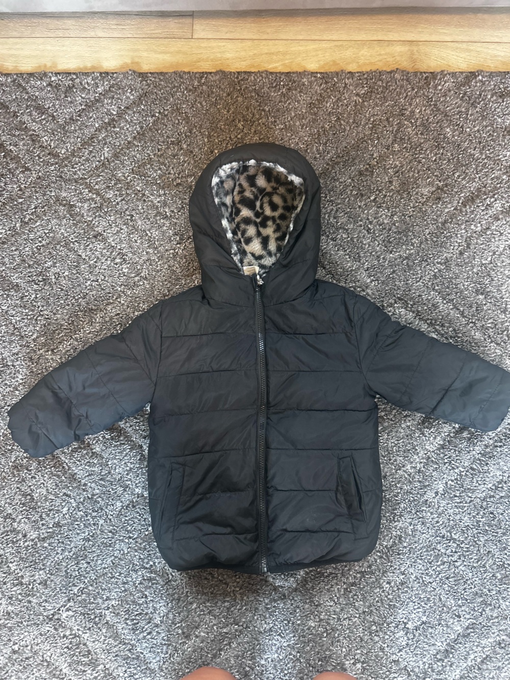 Kids Black Puffer Jacket with Leopard-Print Hood Lining